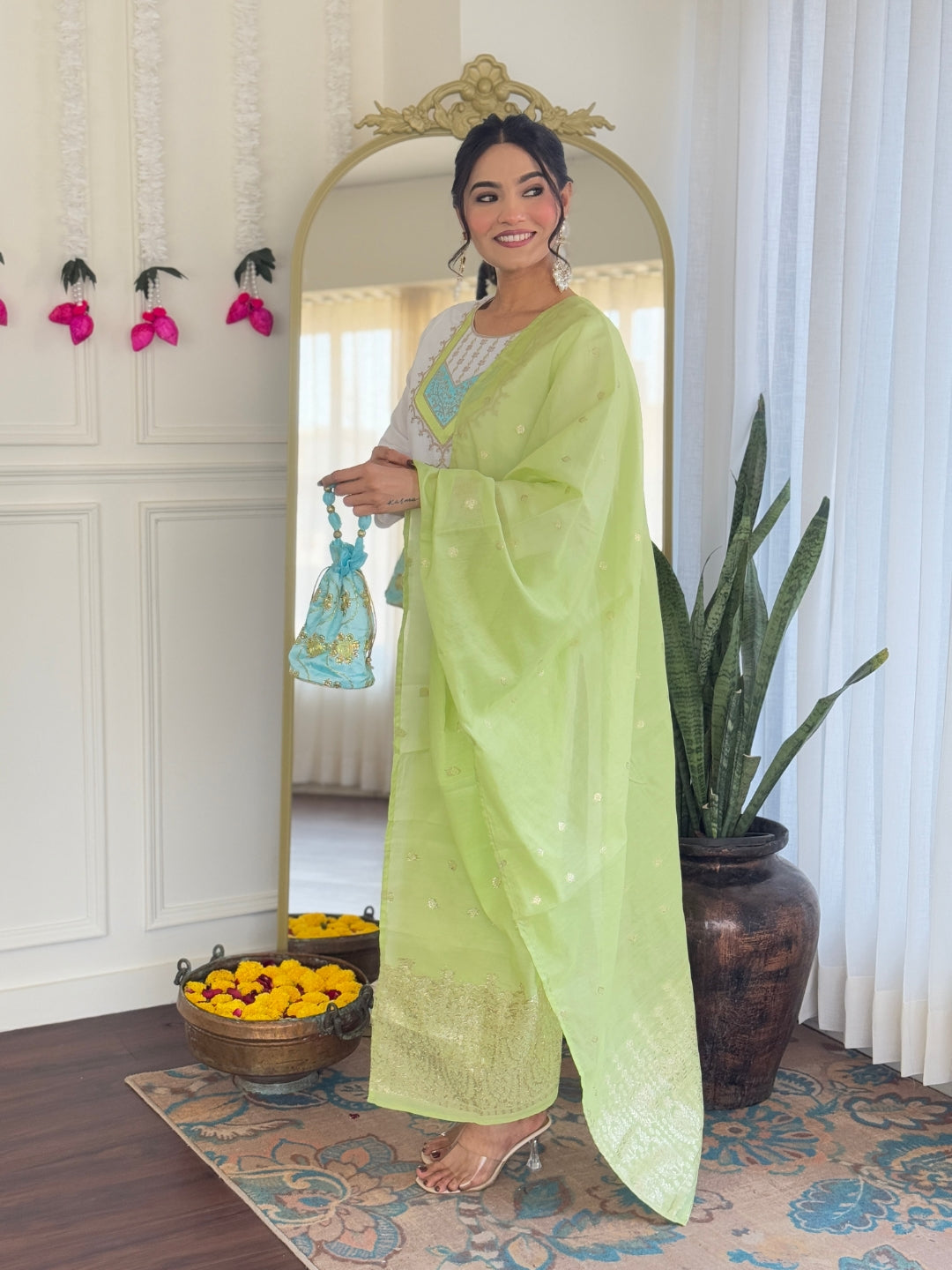 White Color Viscose Chanderi designer Kurti Pant Set