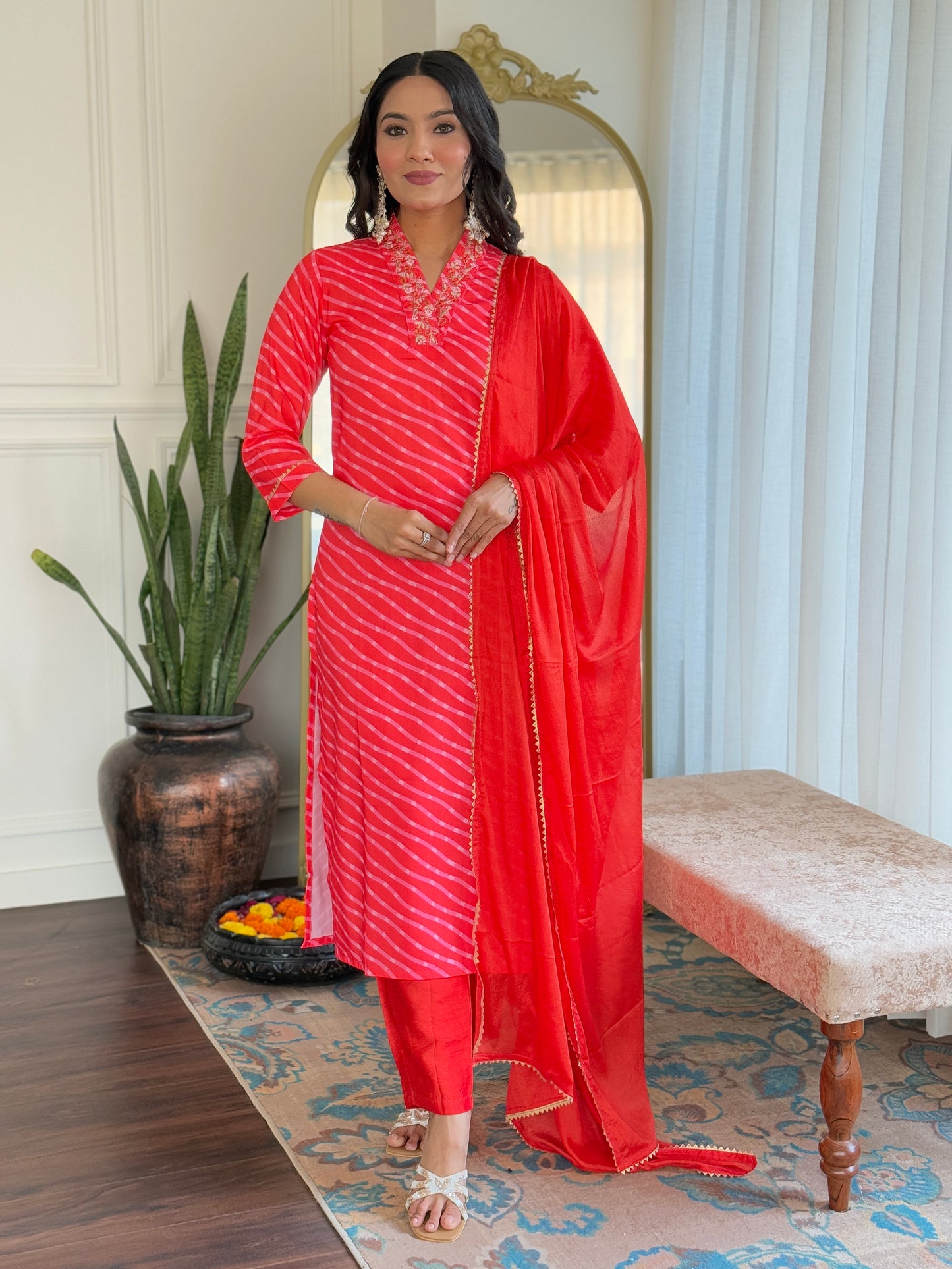 Red Color Muslin Kurti Pant Set