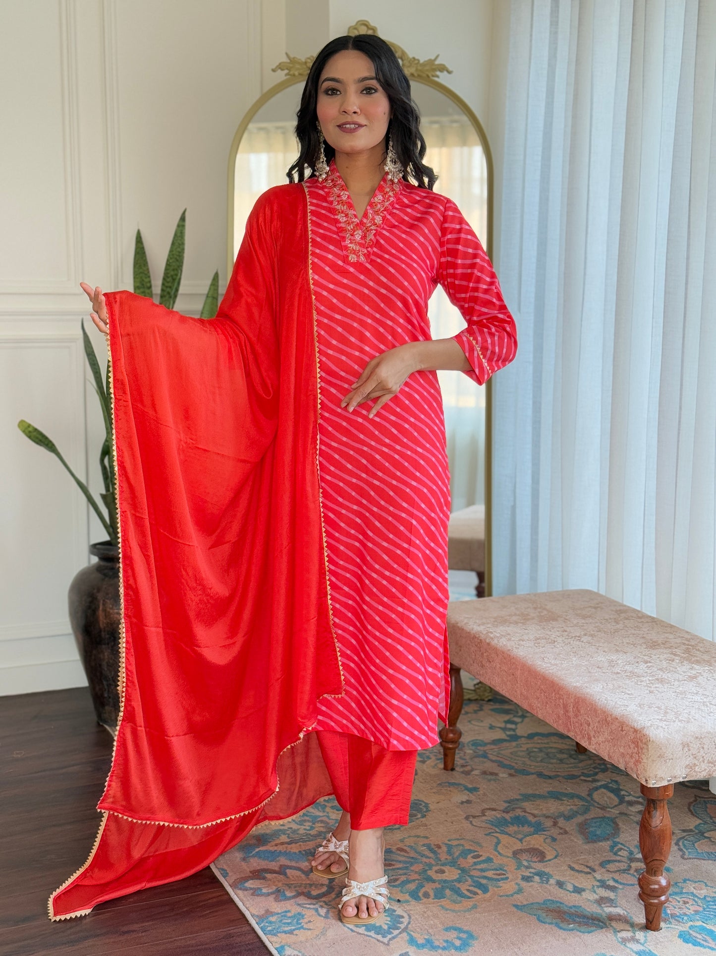 Red Color Muslin Kurti Pant Set