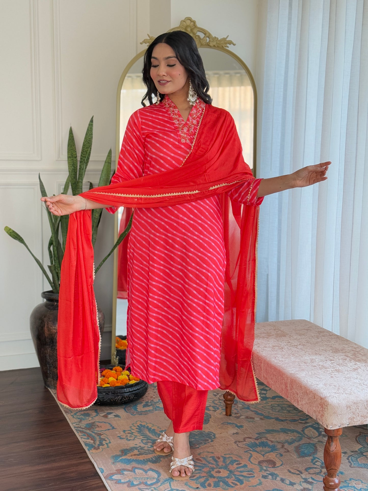 Red Color Muslin Kurti Pant Set