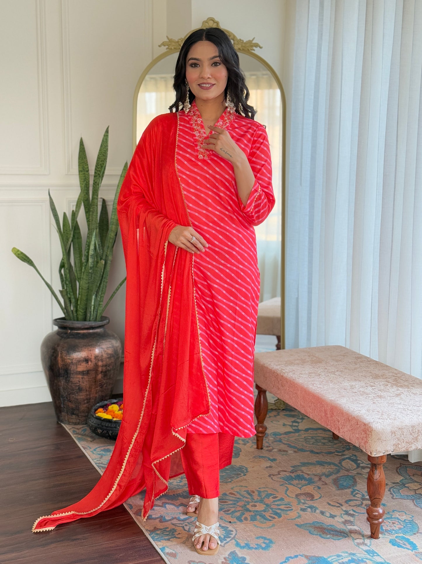 Red Color Muslin Kurti Pant Set