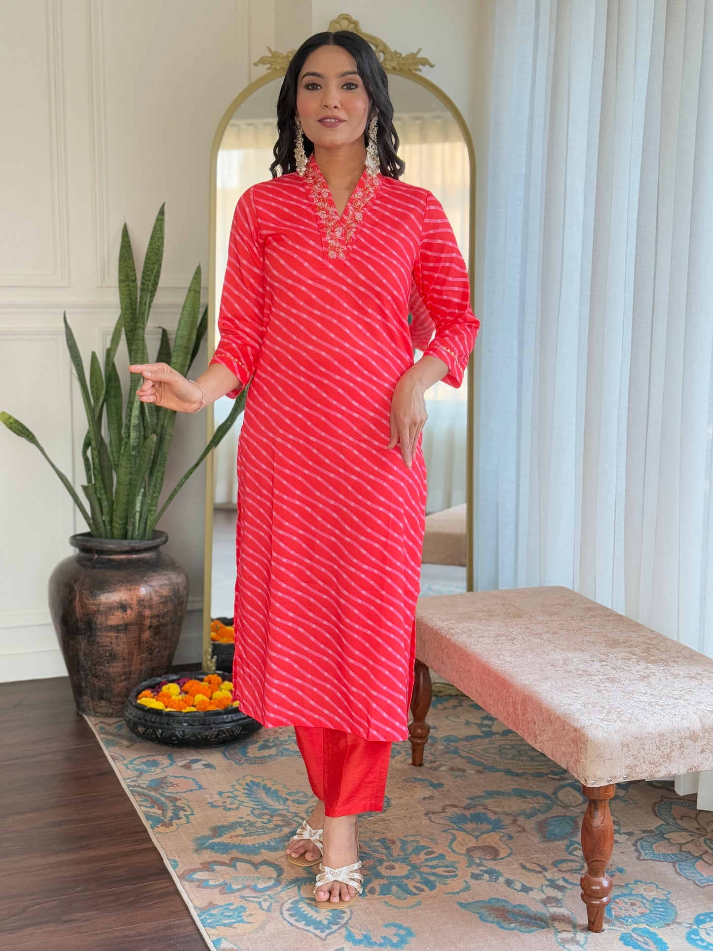 Red Color Muslin Kurti Pant Set