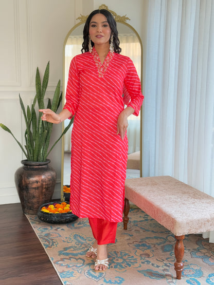 Red Color Muslin Kurti Pant Set