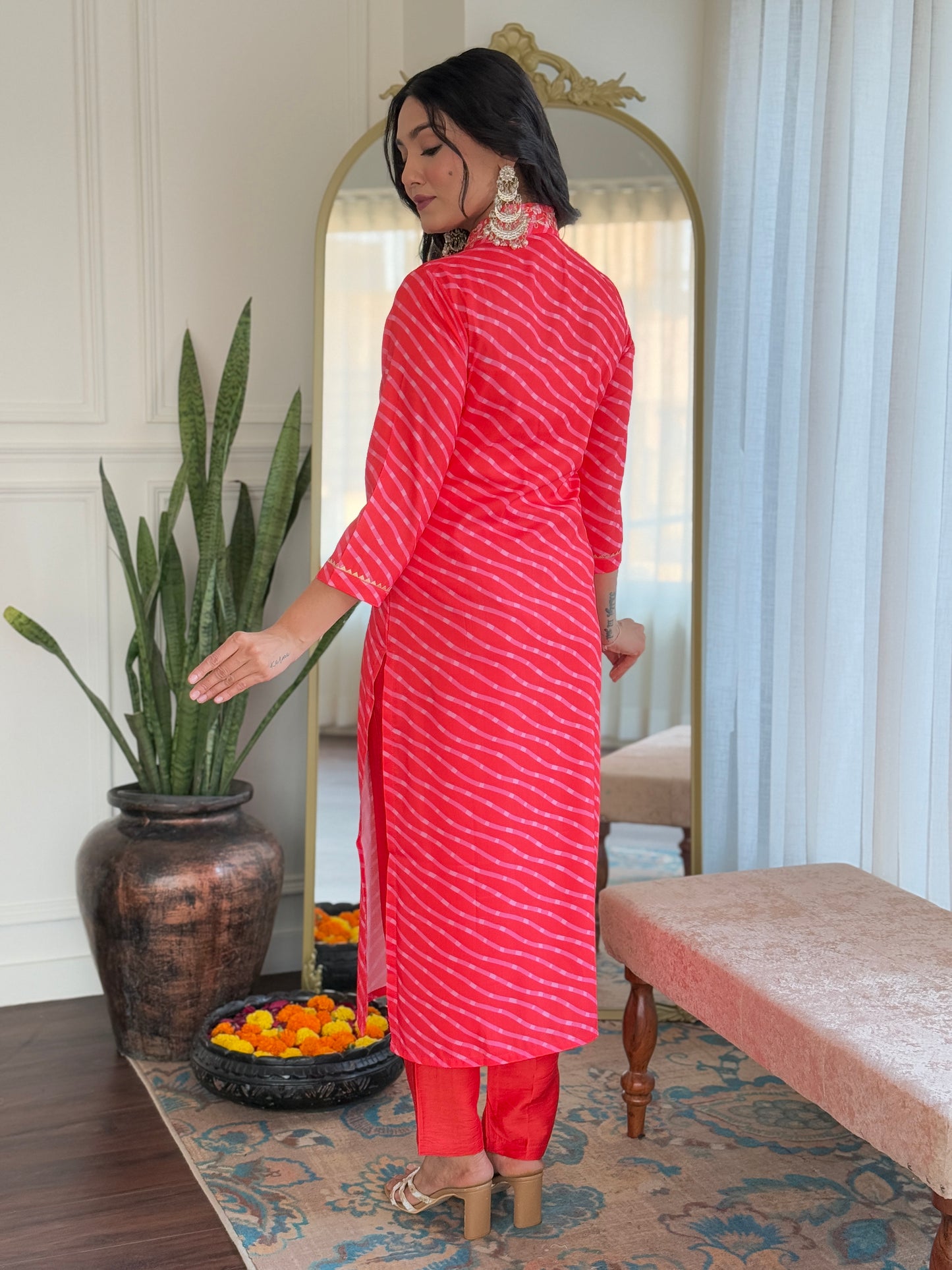 Red Color Muslin Kurti Pant Set