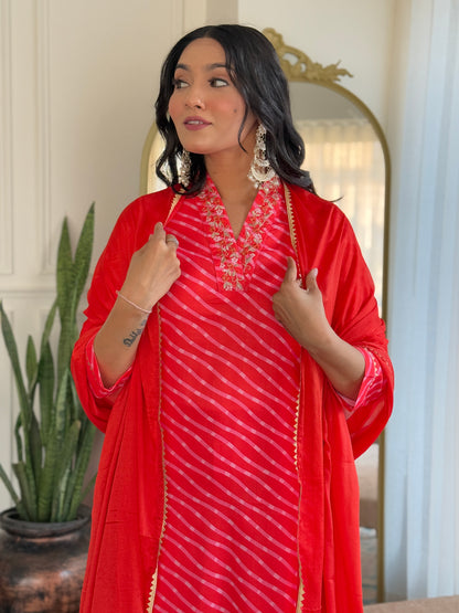 Red Color Muslin Kurti Pant Set