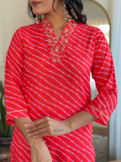 Red Color Muslin Kurti Pant Set