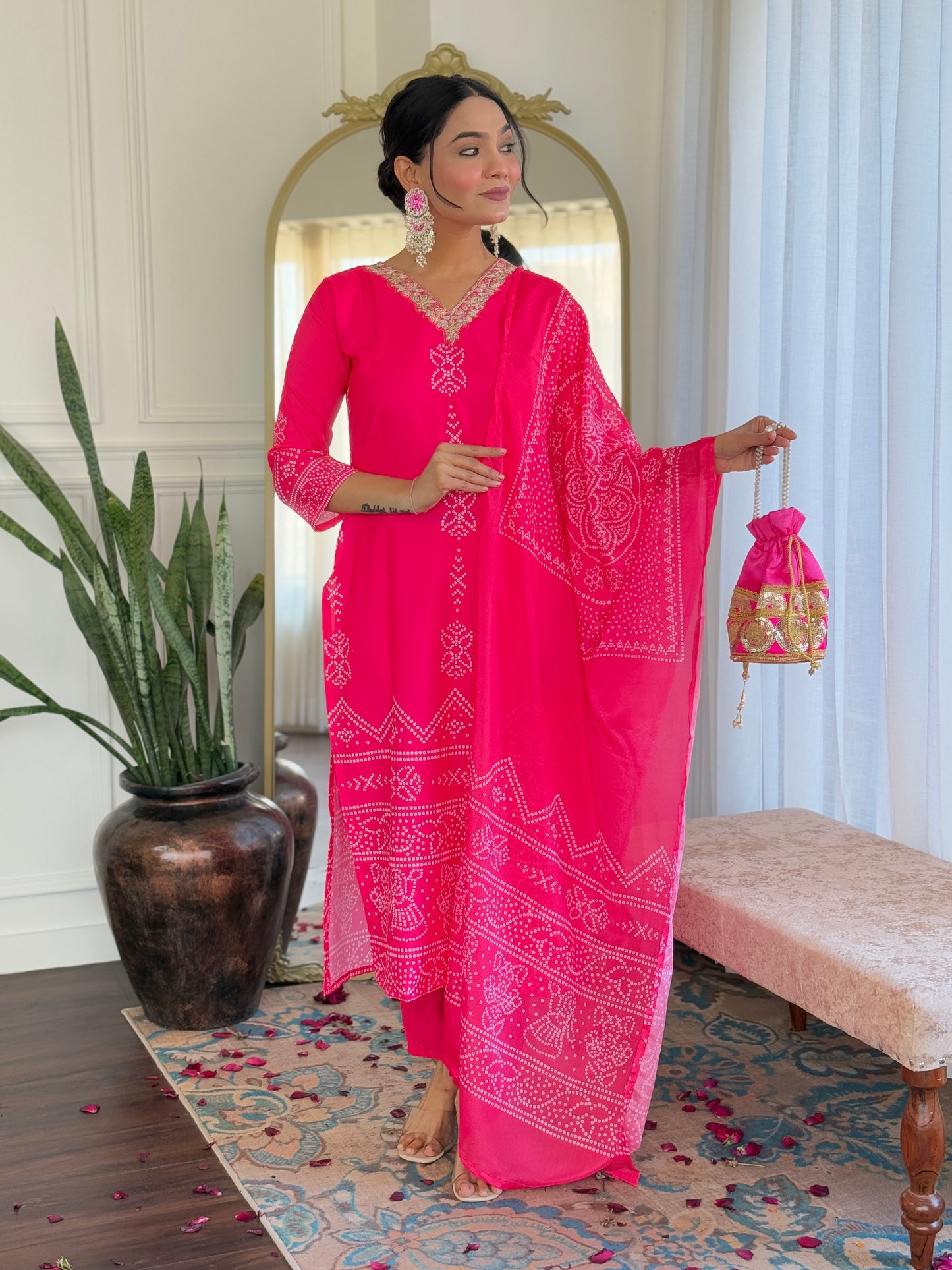 Pink Color French Crepe  Kurti Pant Set