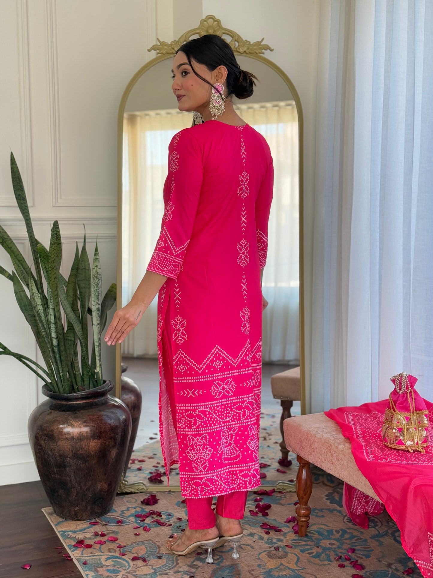 Pink Color French Crepe  Kurti Pant Set