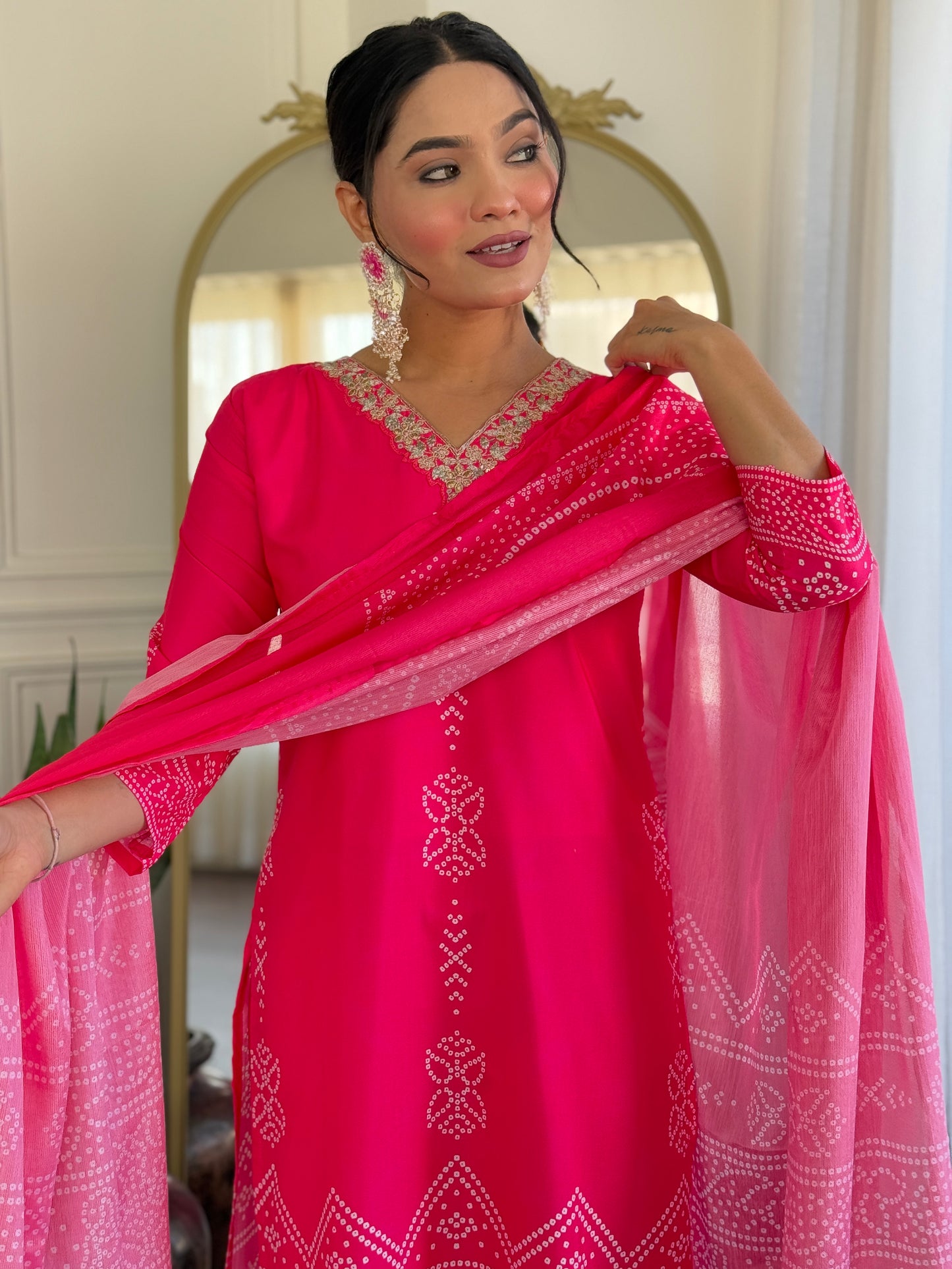 Pink Color French Crepe  Kurti Pant Set
