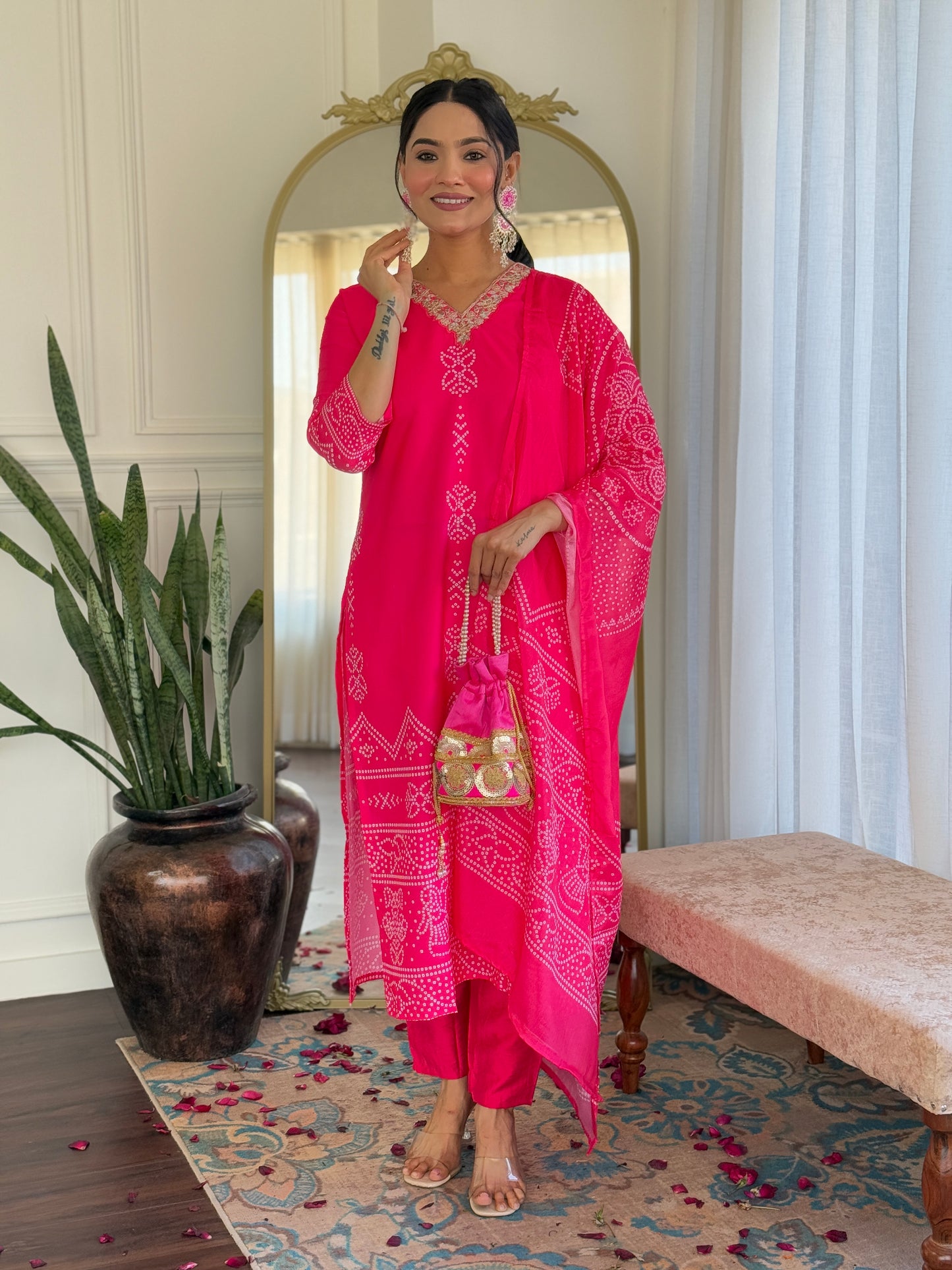 Pink Color French Crepe  Kurti Pant Set