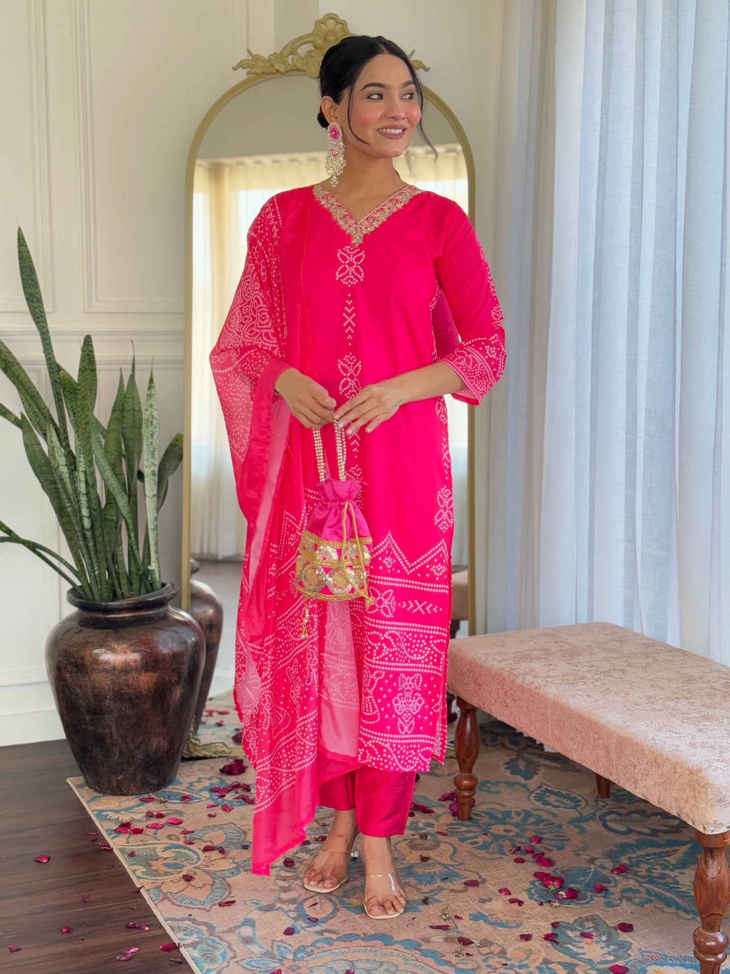 Pink Color French Crepe  Kurti Pant Set