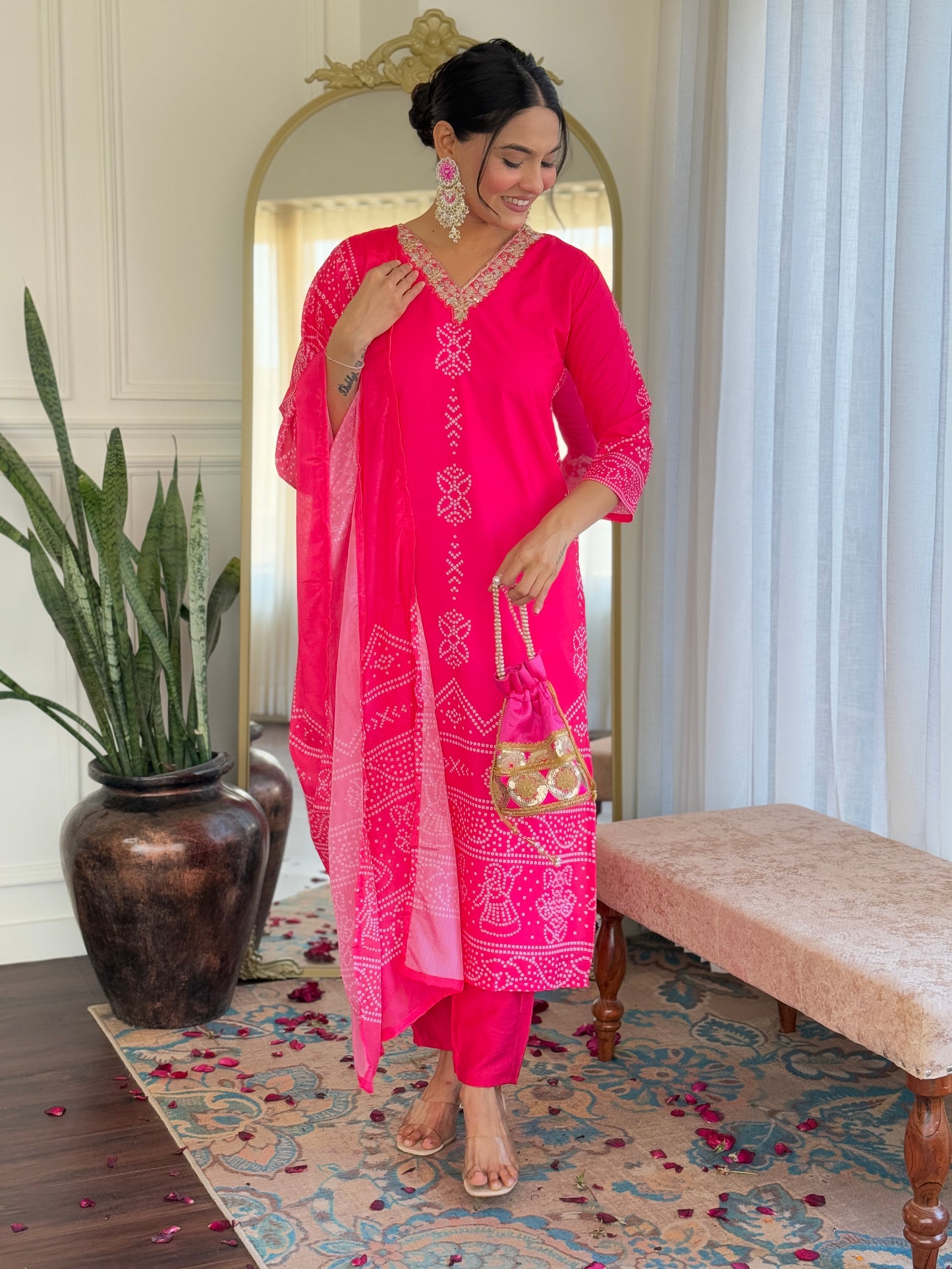 Pink Color French Crepe  Kurti Pant Set