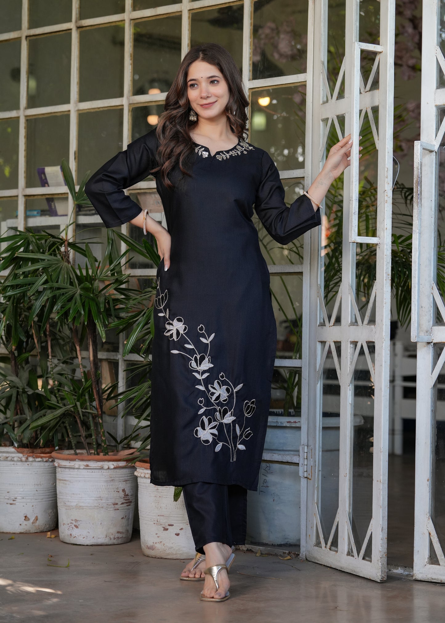 Black Color Viscose Rayon Kurti Pant Set