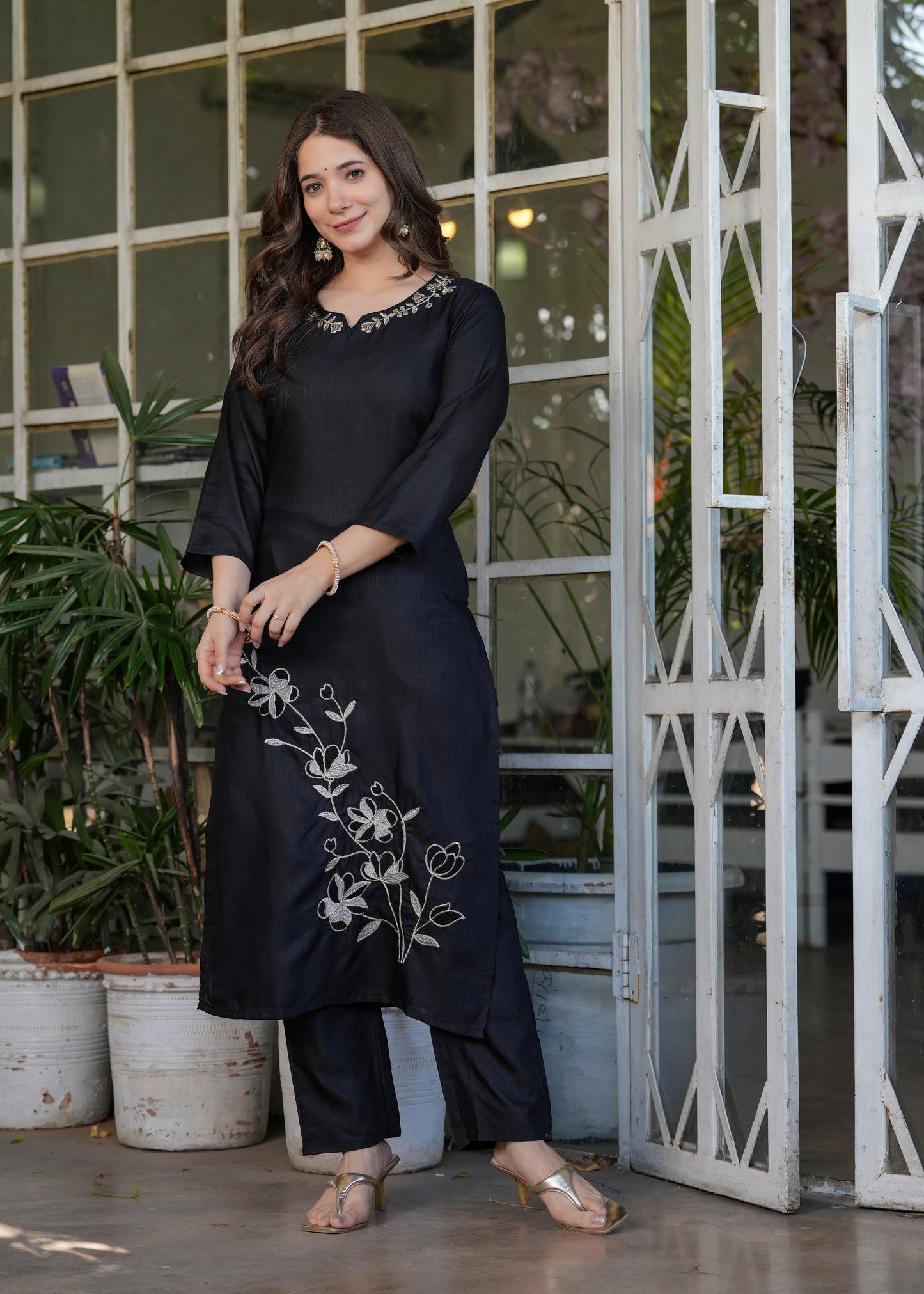 Black Color Viscose Rayon Kurti Pant Set