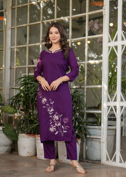 Purple Color Viscose Rayon Kurti Pant Set