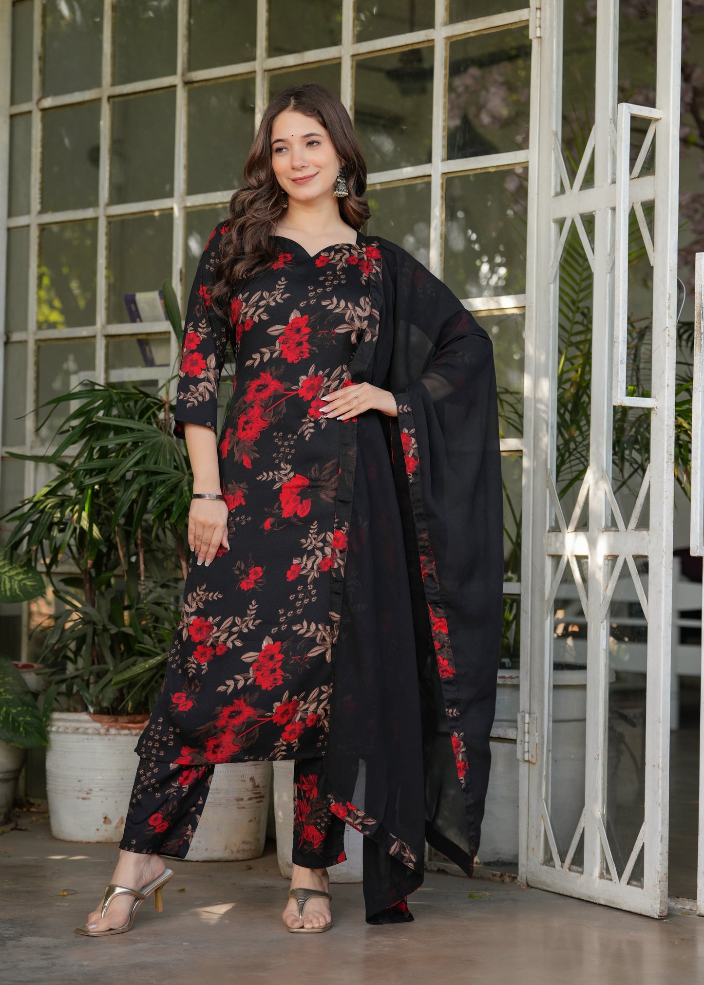 Black Color Silk Blend Party Wear Kurti Pant Set