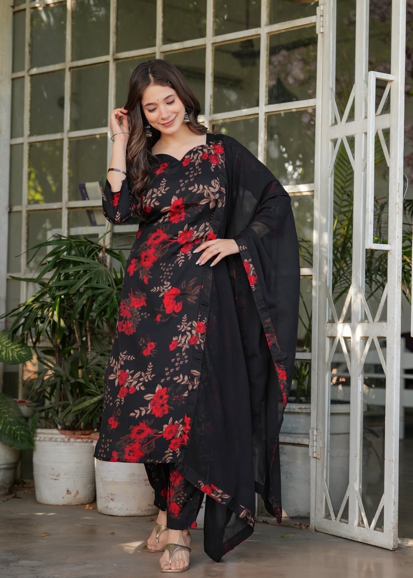 Black Color Silk Blend Party Wear Kurti Pant Set