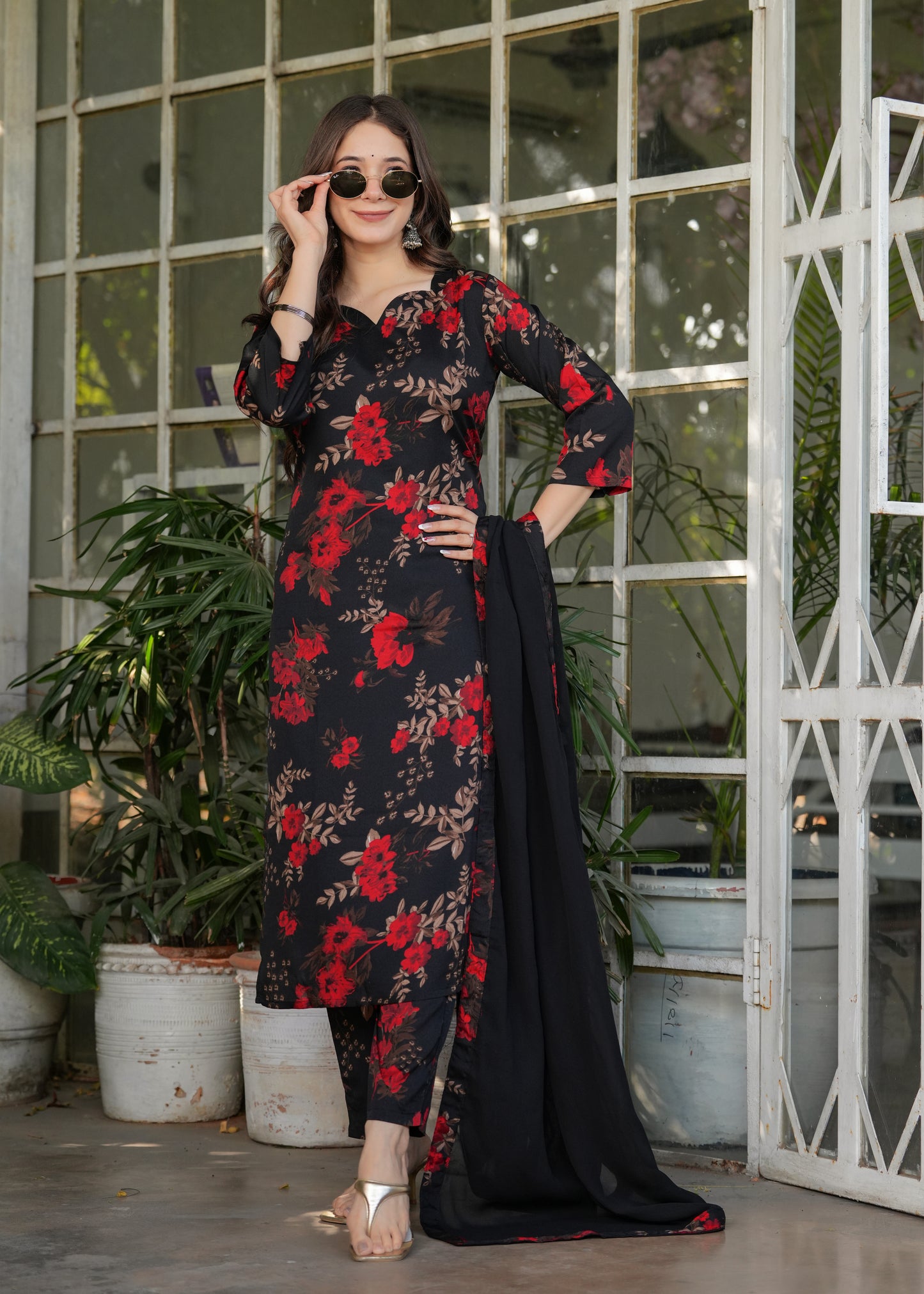 Black Color Silk Blend Party Wear Kurti Pant Set