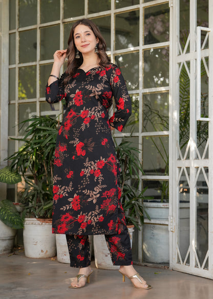 Black Color Silk Blend Party Wear Kurti Pant Set