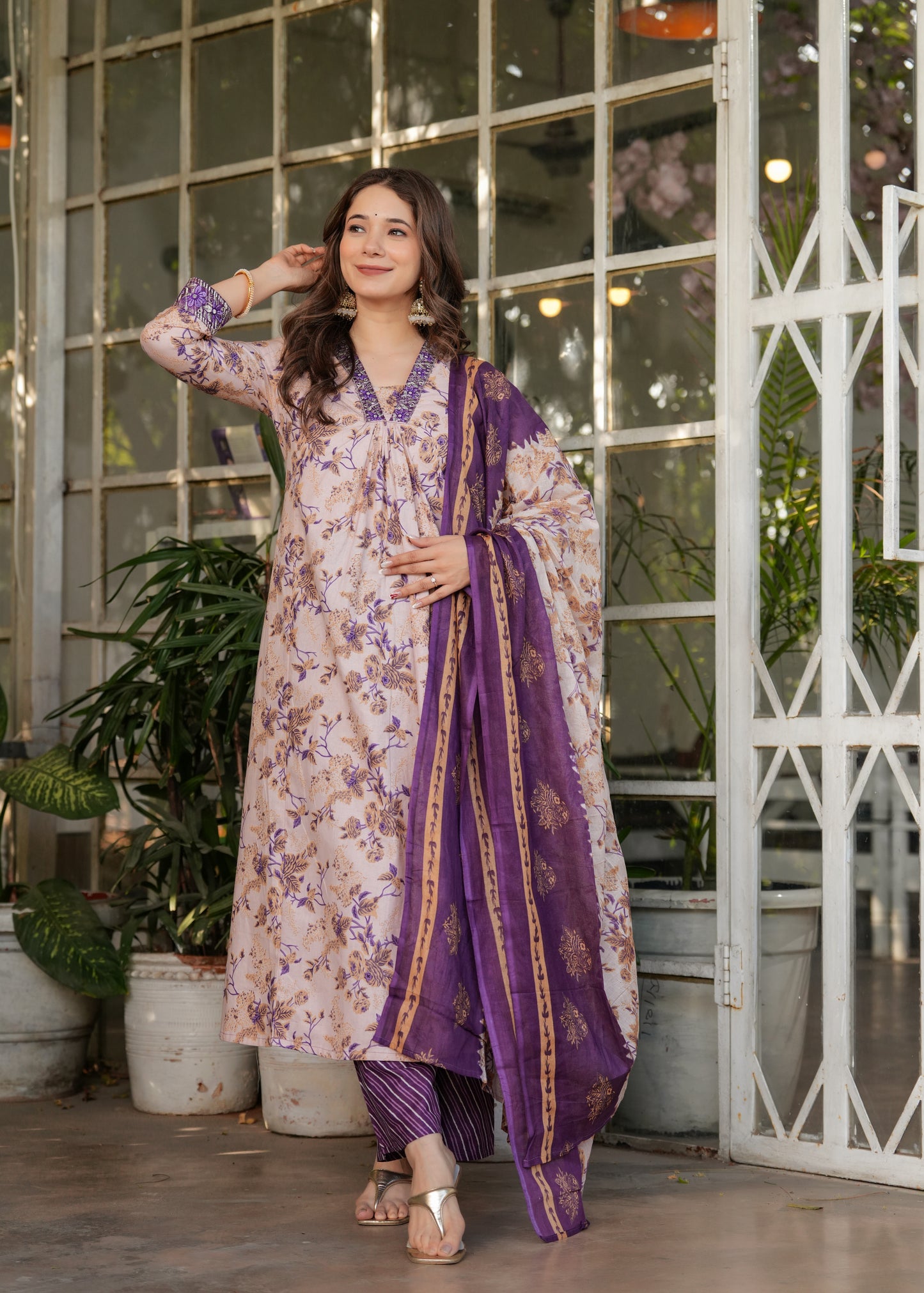 Beige Color Pure Cotton Designer Kurti Pant Set