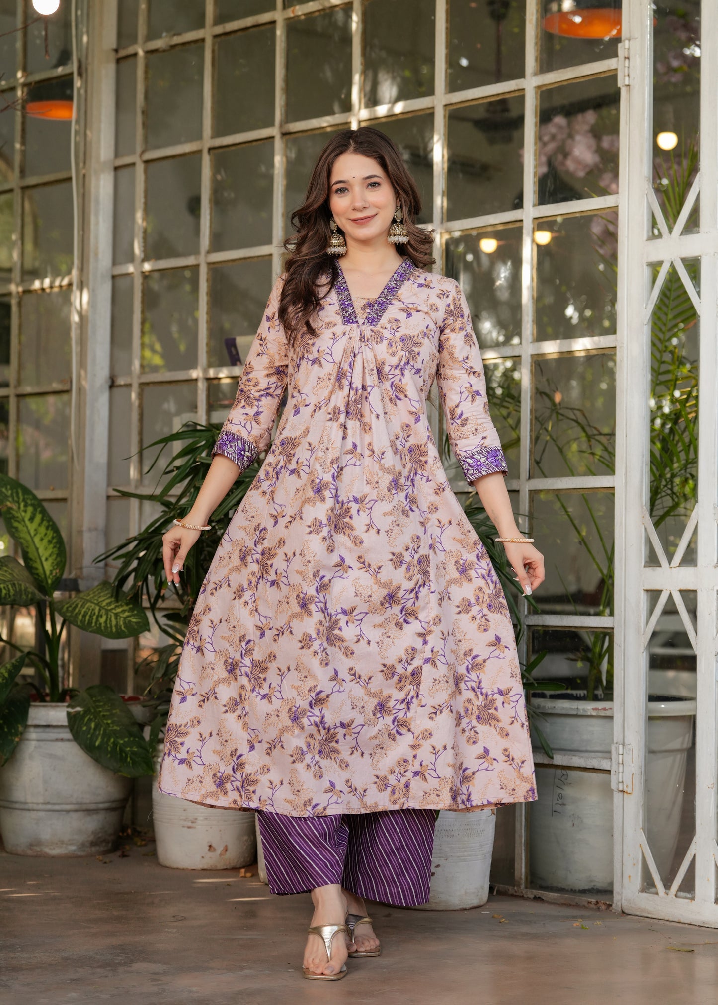 Beige Color Pure Cotton Designer Kurti Pant Set