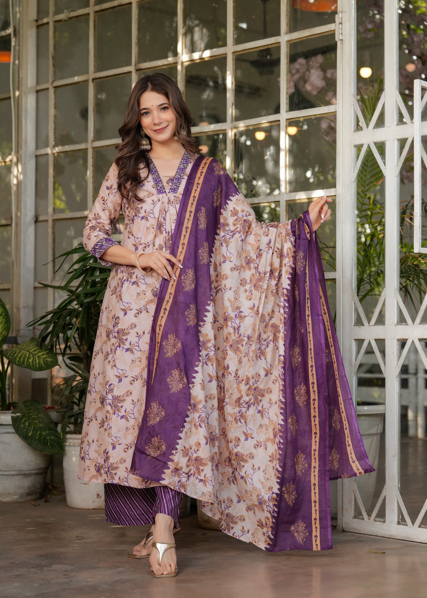 Beige Color Pure Cotton Designer Kurti Pant Set