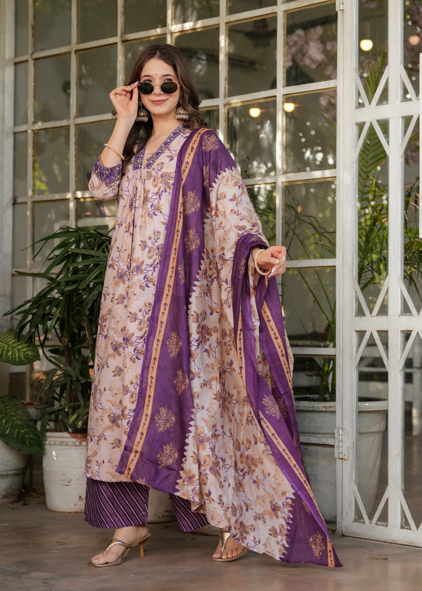 Beige Color Pure Cotton Designer Kurti Pant Set