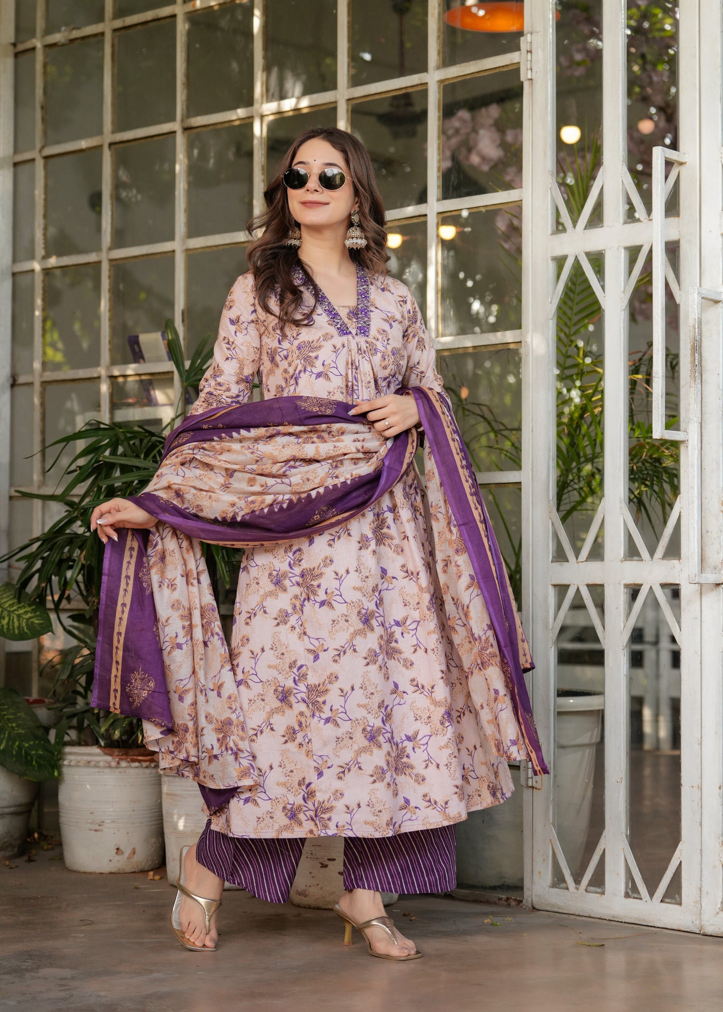 Beige Color Pure Cotton Designer Kurti Pant Set