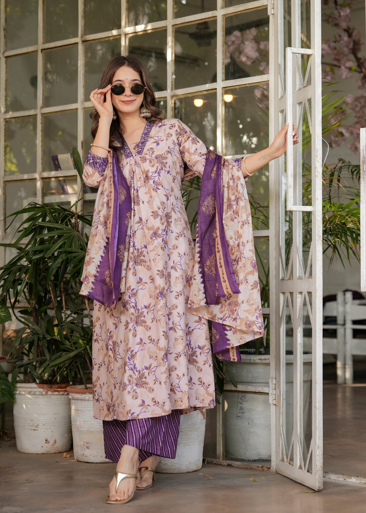 Beige Color Pure Cotton Designer Kurti Pant Set