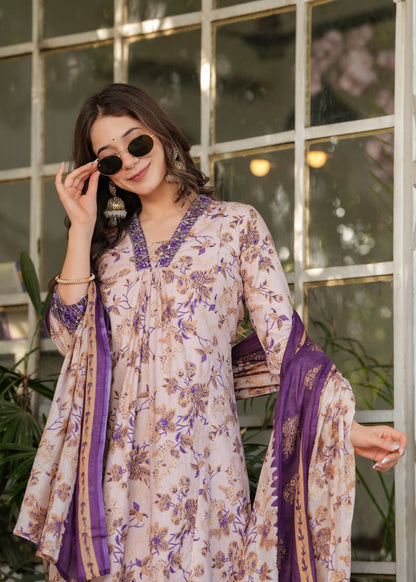 Beige Color Pure Cotton Designer Kurti Pant Set