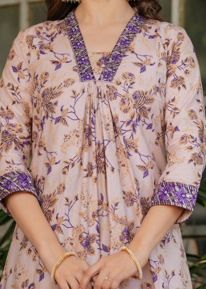 Beige Color Pure Cotton Designer Kurti Pant Set