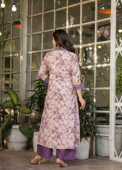 Beige Color Pure Cotton Designer Kurti Pant Set