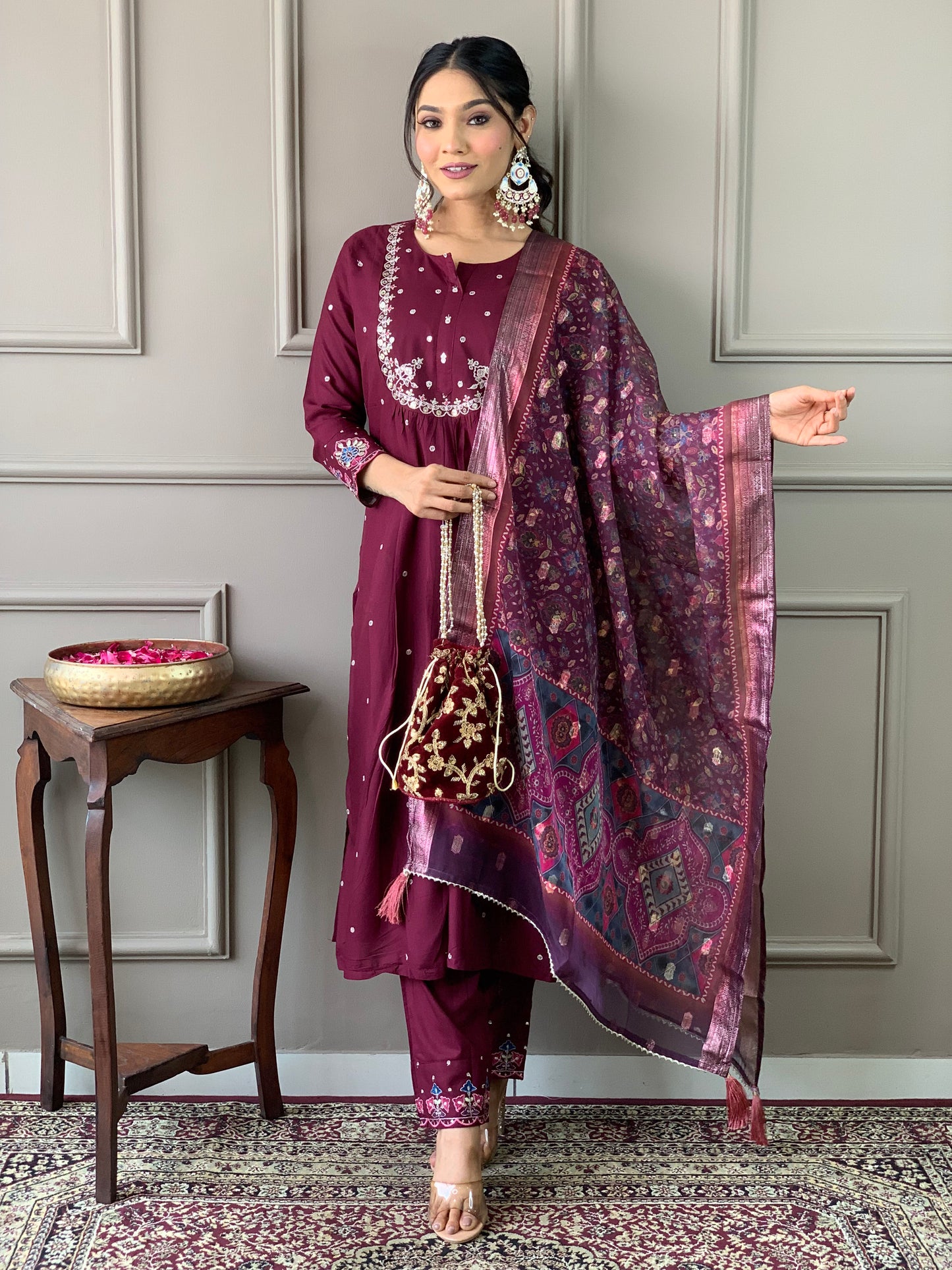 Purple Color Viscose Chanderi Casual Kurti Pant Set