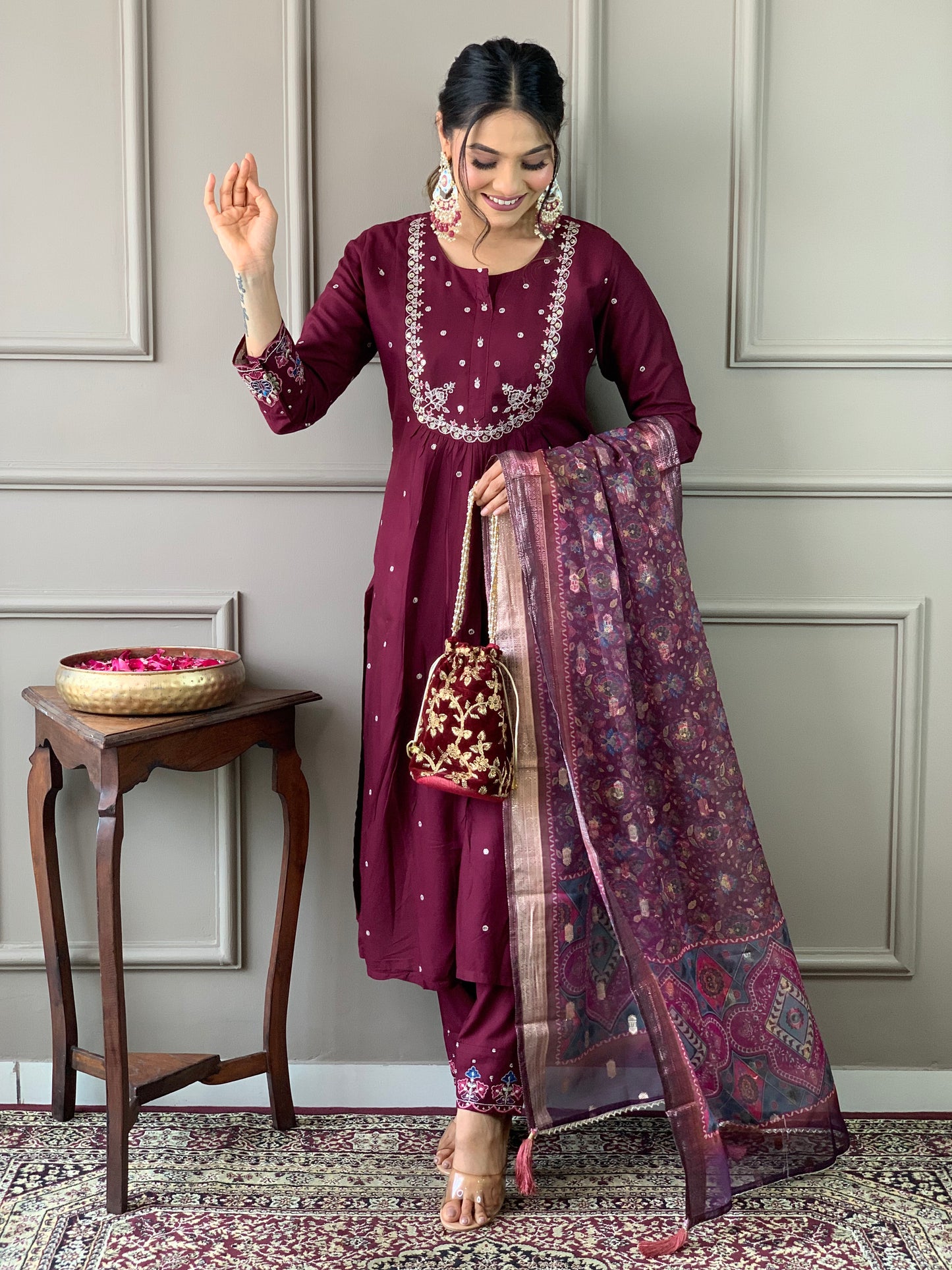 Purple Color Viscose Chanderi Casual Kurti Pant Set