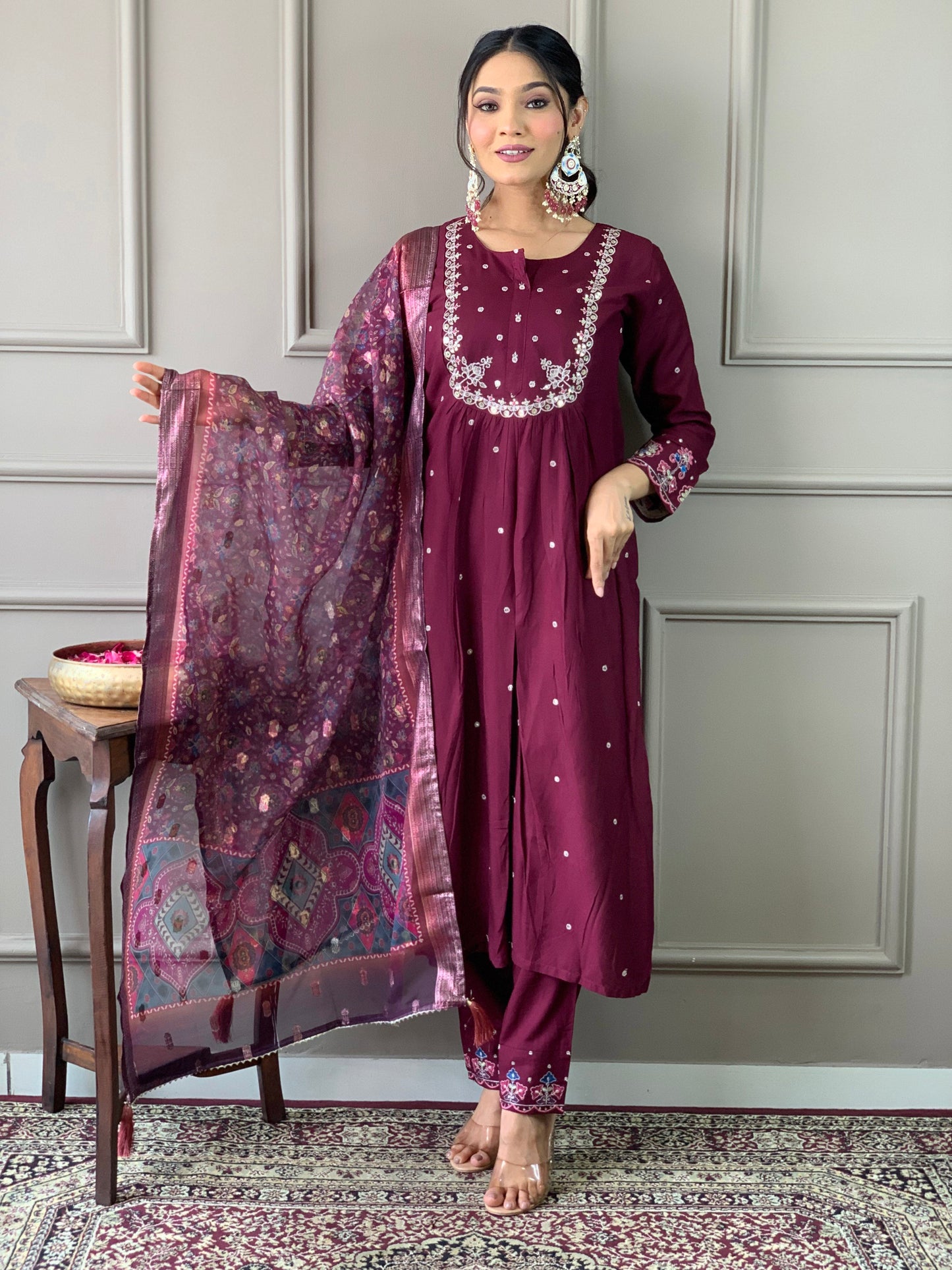 Purple Color Viscose Chanderi Casual Kurti Pant Set