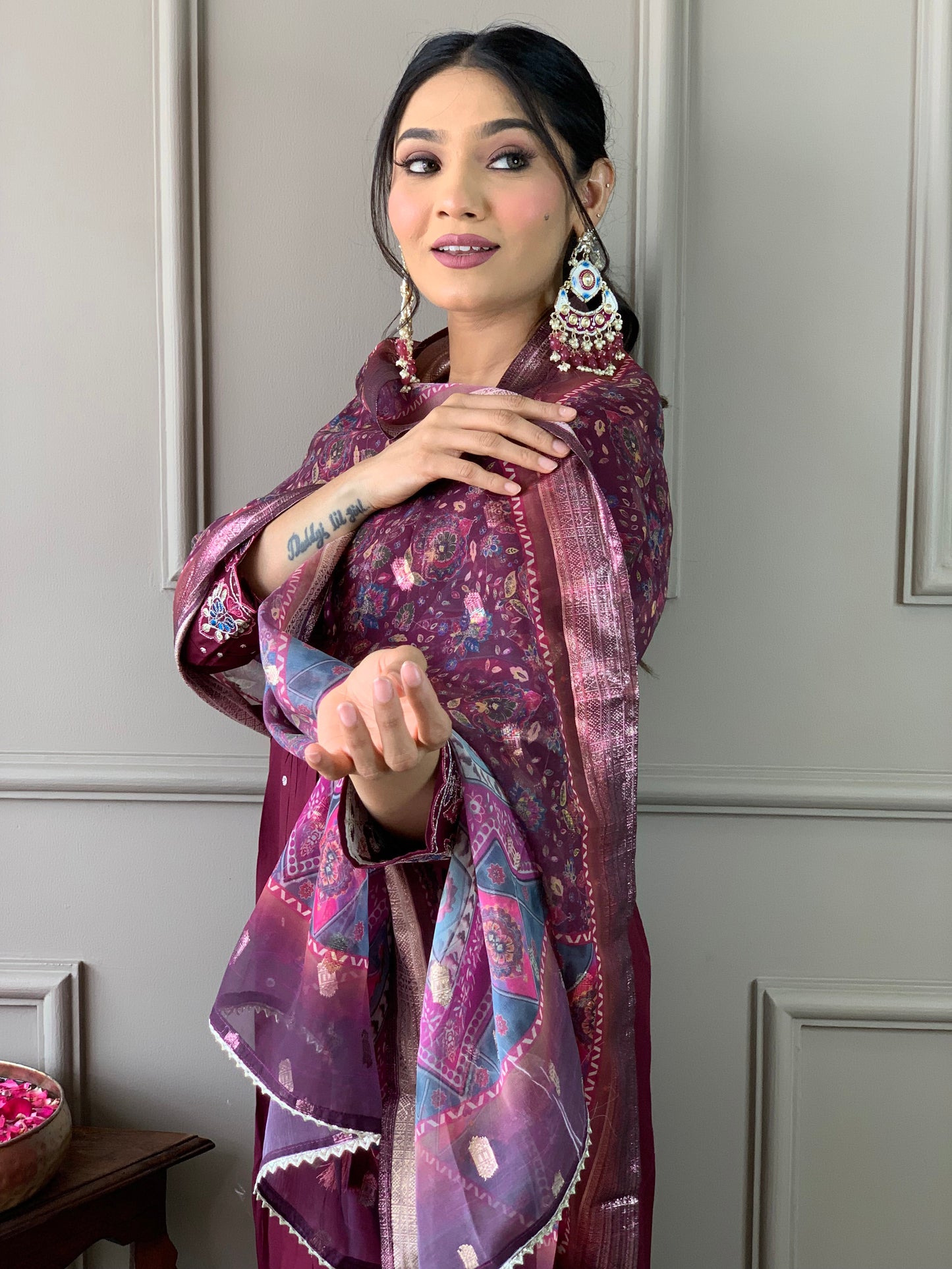 Purple Color Viscose Chanderi Casual Kurti Pant Set