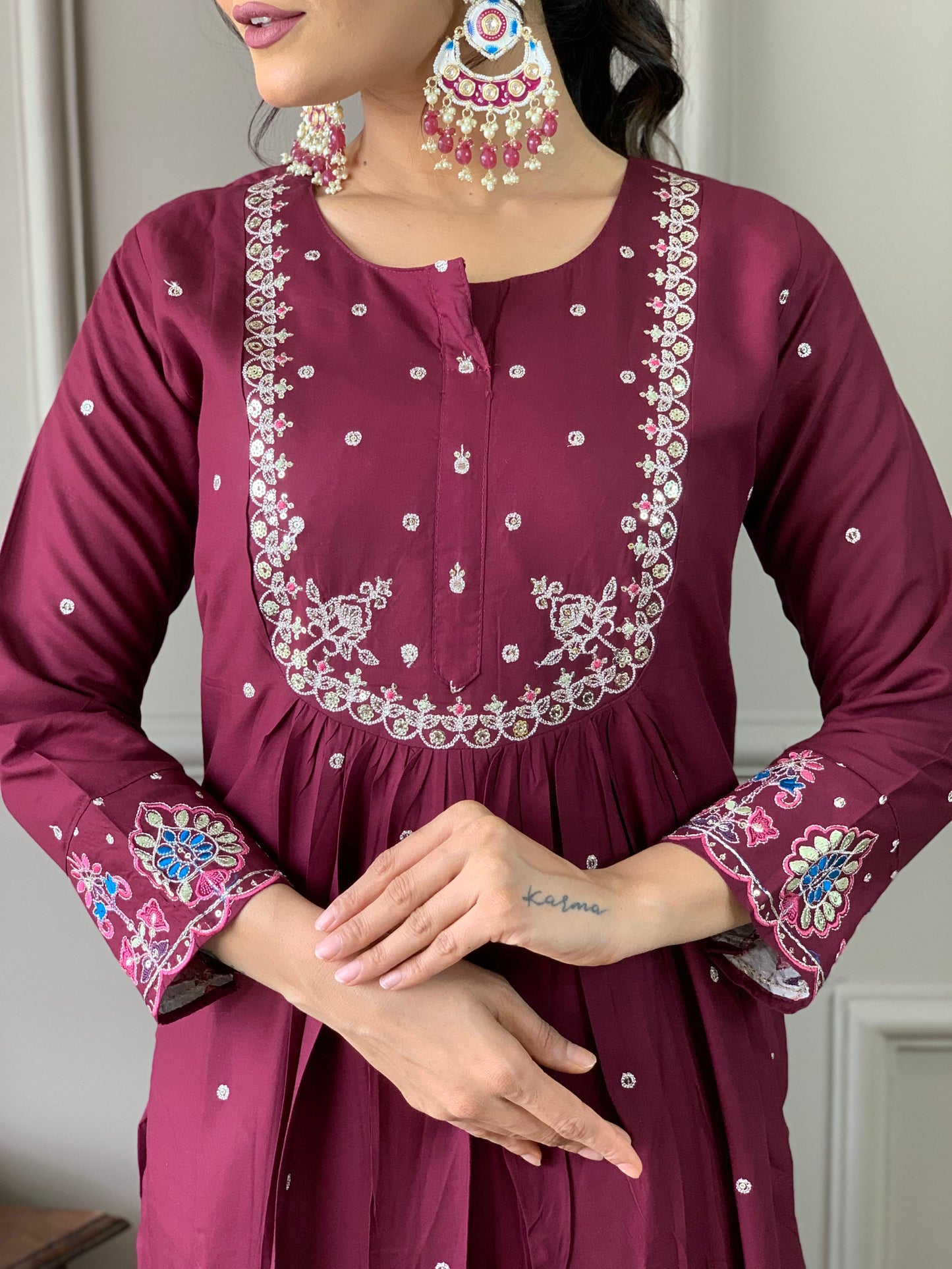 Purple Color Viscose Chanderi Casual Kurti Pant Set