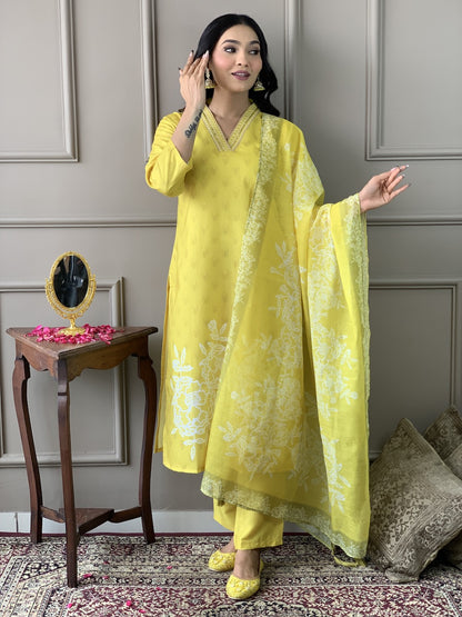 Yellow Color Muslin Kurti Pant Set