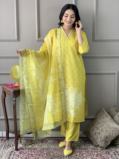 Yellow Color Muslin Kurti Pant Set