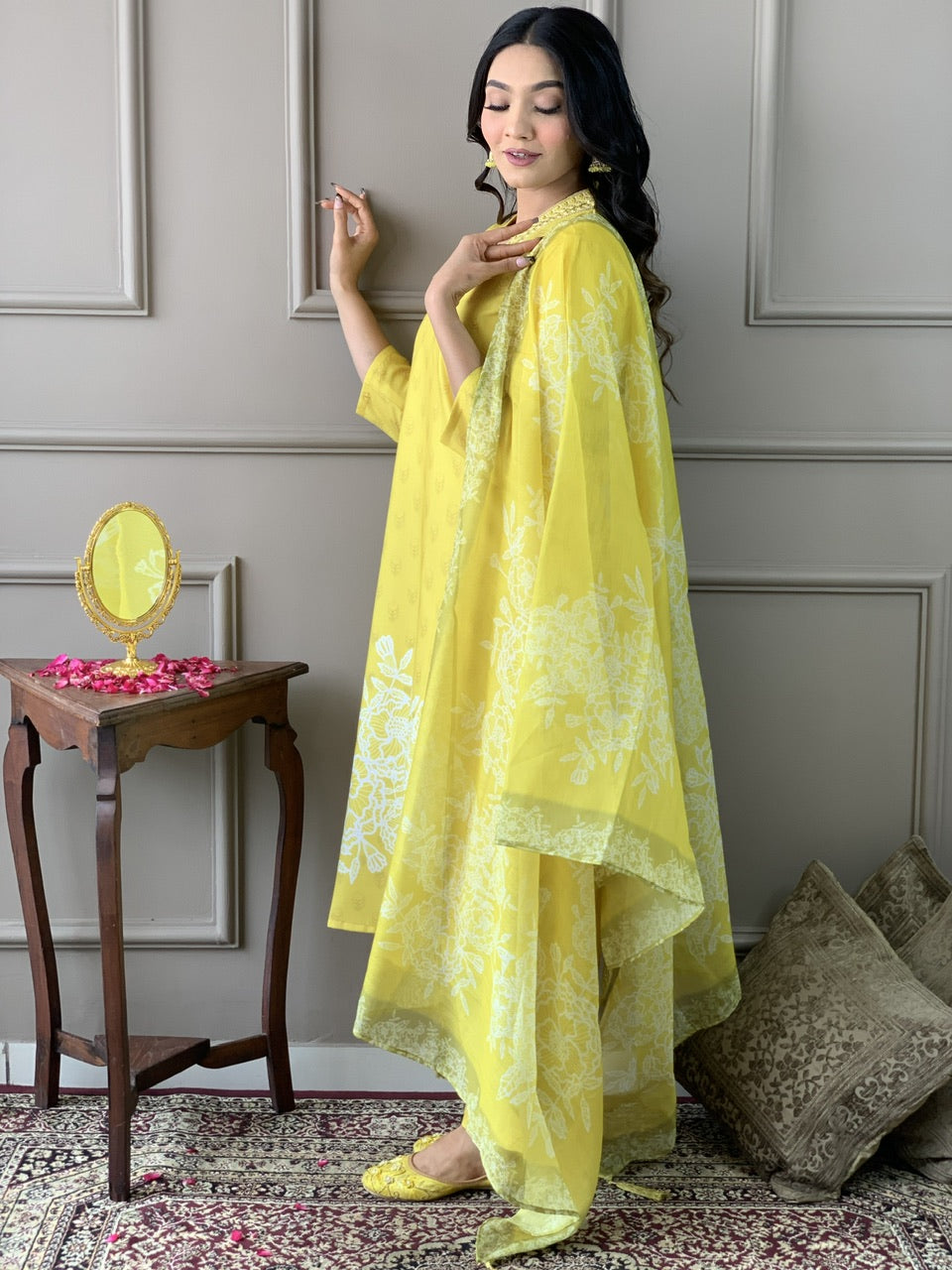 Yellow Color Muslin Kurti Pant Set