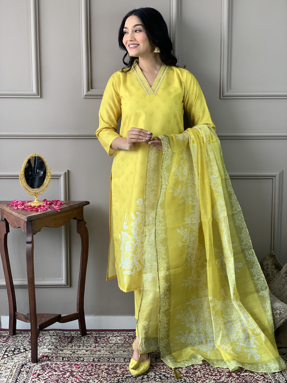 Yellow Color Muslin Kurti Pant Set