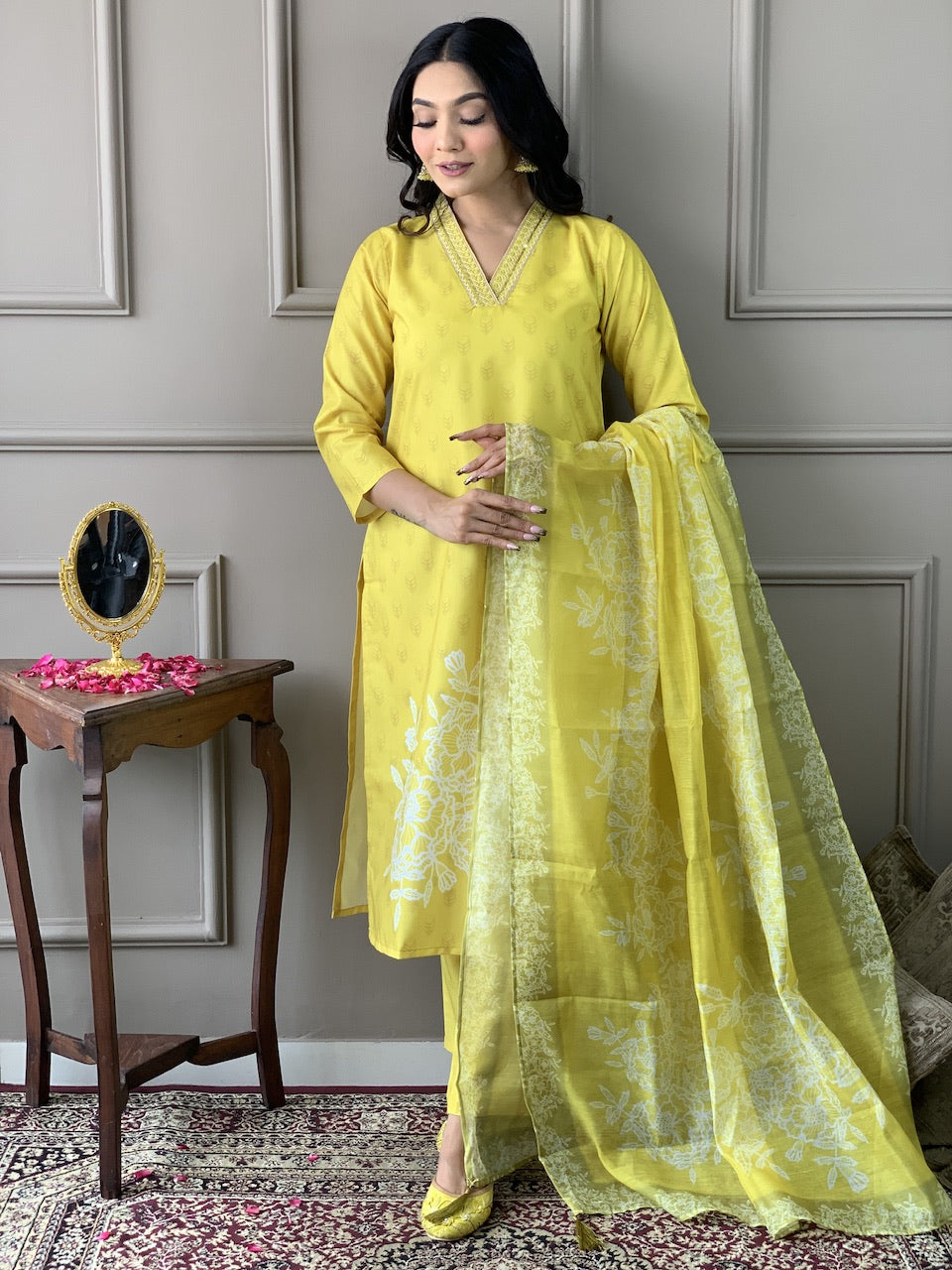 Yellow Color Muslin Kurti Pant Set