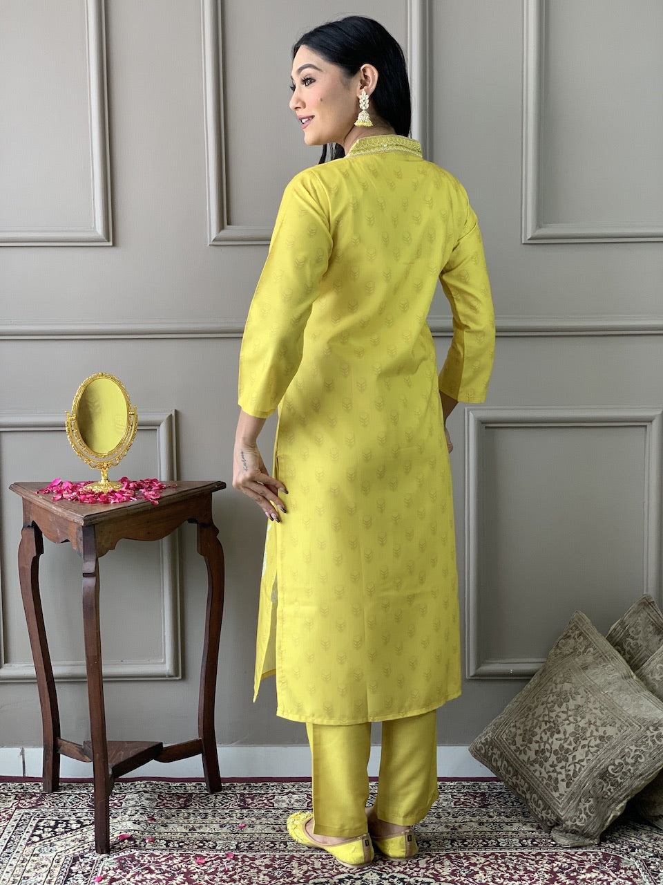 Yellow Color Muslin Kurti Pant Set