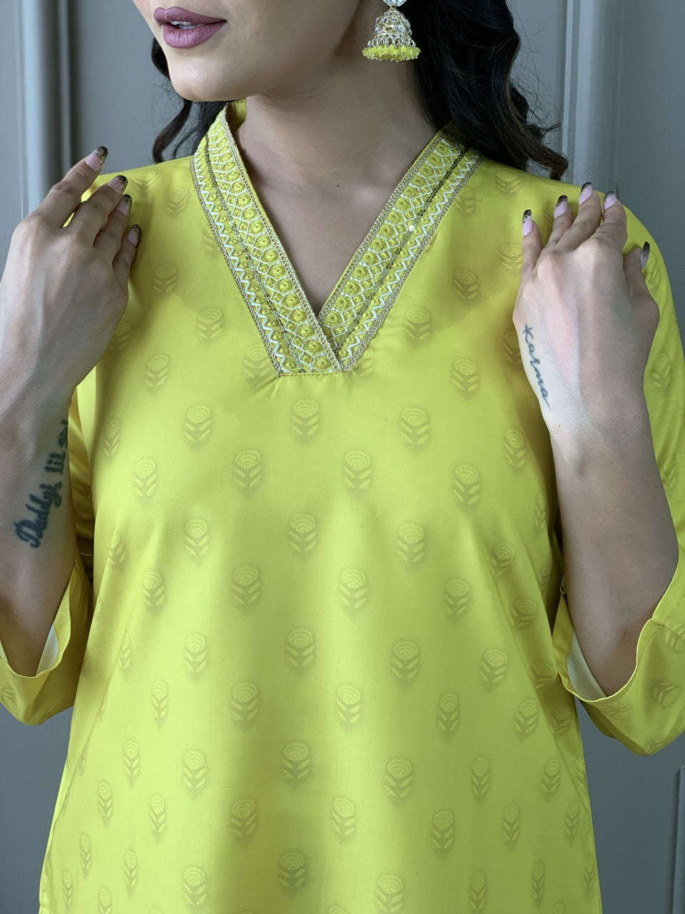 Yellow Color Muslin Kurti Pant Set