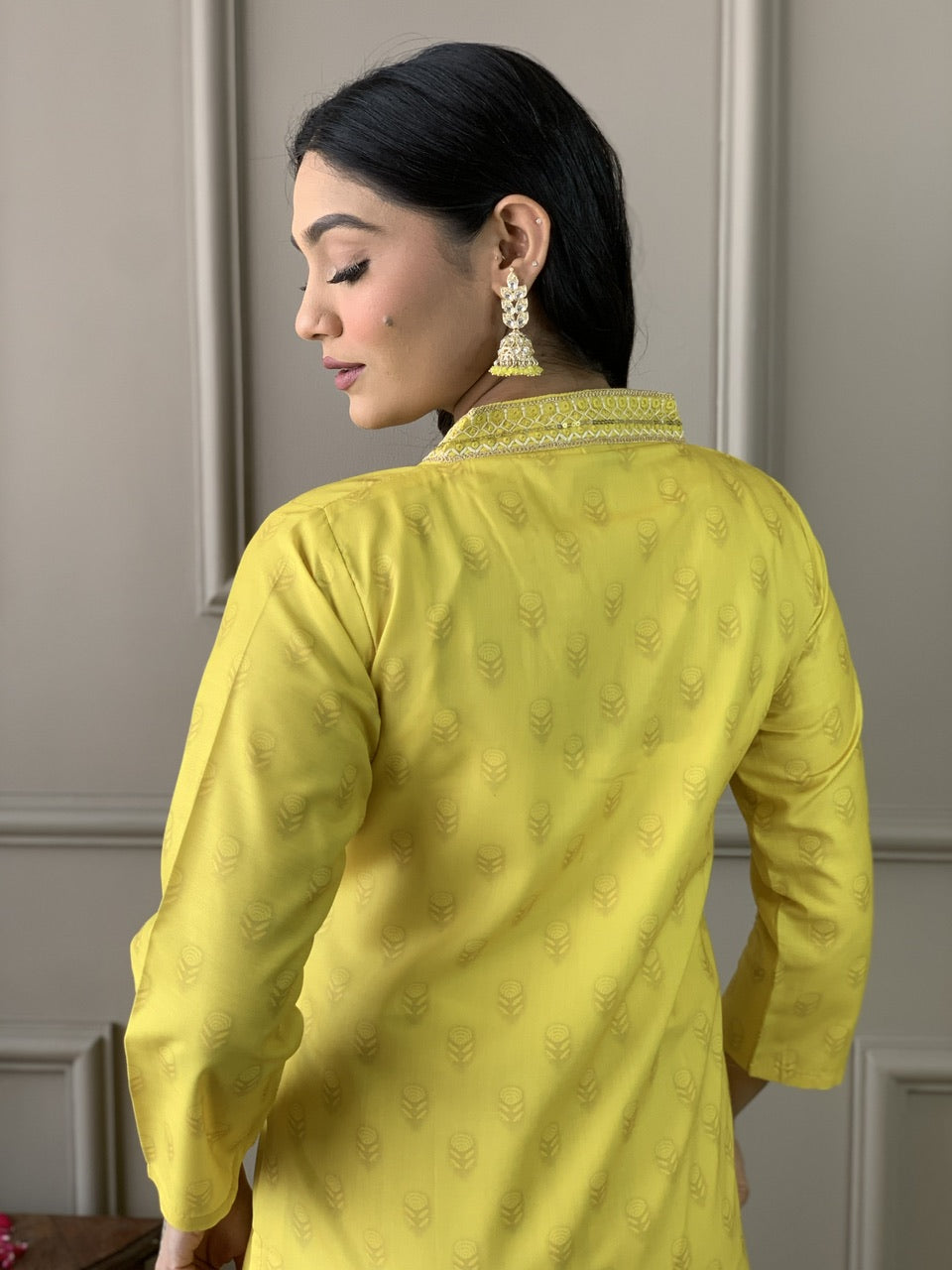 Yellow Color Muslin Kurti Pant Set