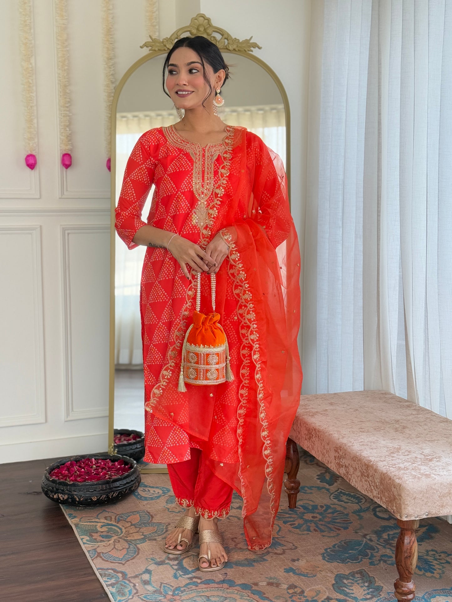 Red Color French Crepe Party Wear Kurti Pant Set