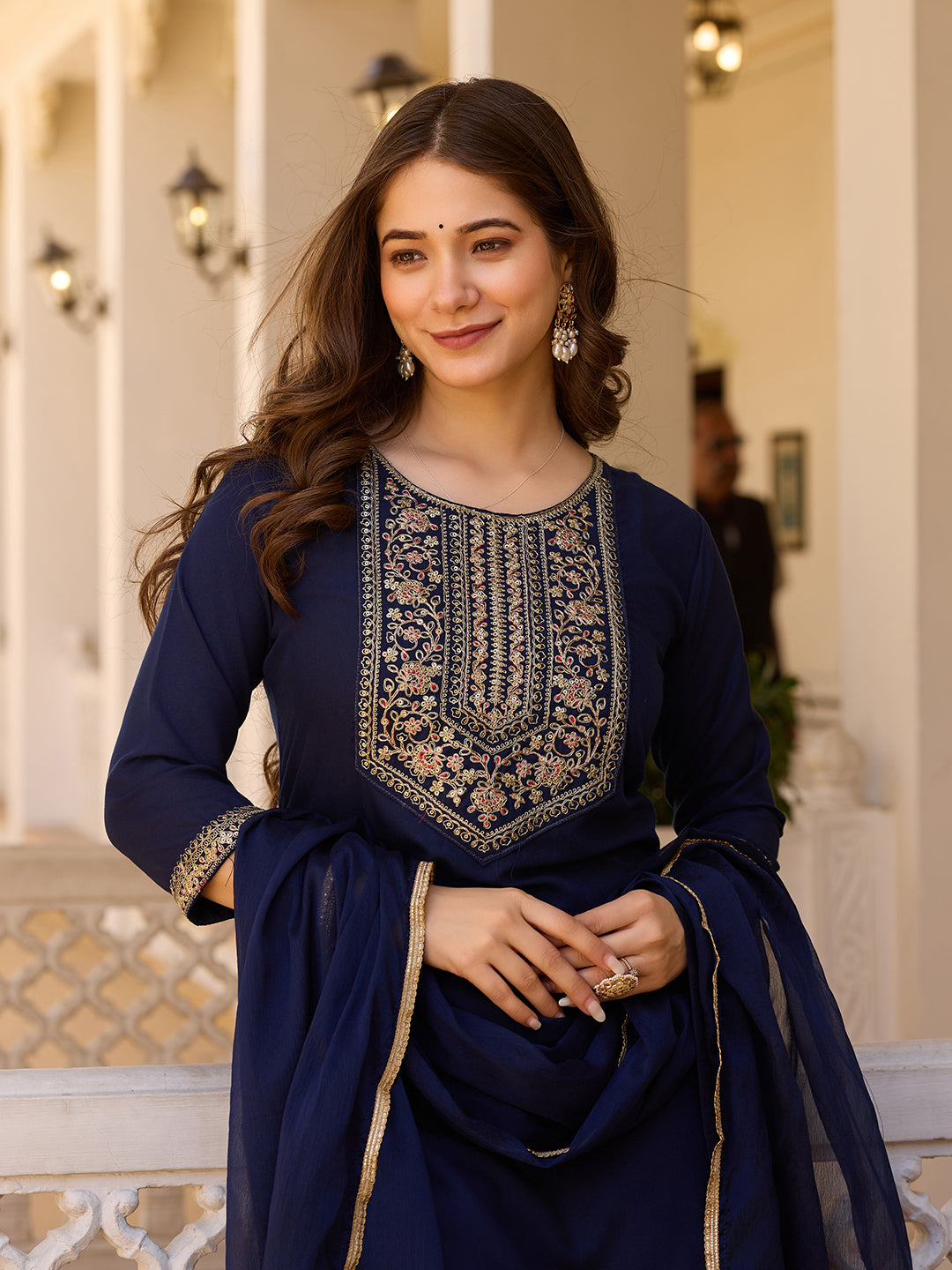 Navy Blue Color Rayon Designer  Kurti Pant Set