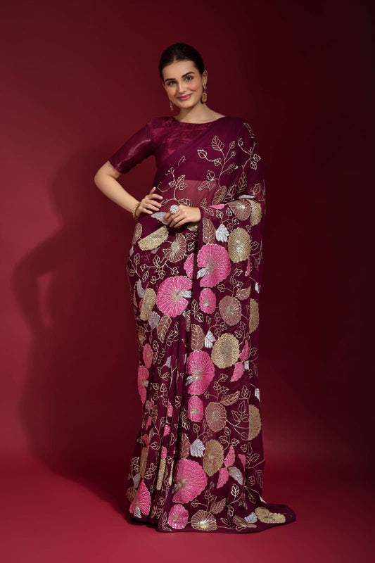 Magenta Georgette Saree with Floral Embroidery & Sequins Work