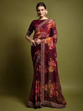 Maroon Floral Printed Saree with Embroidered Border