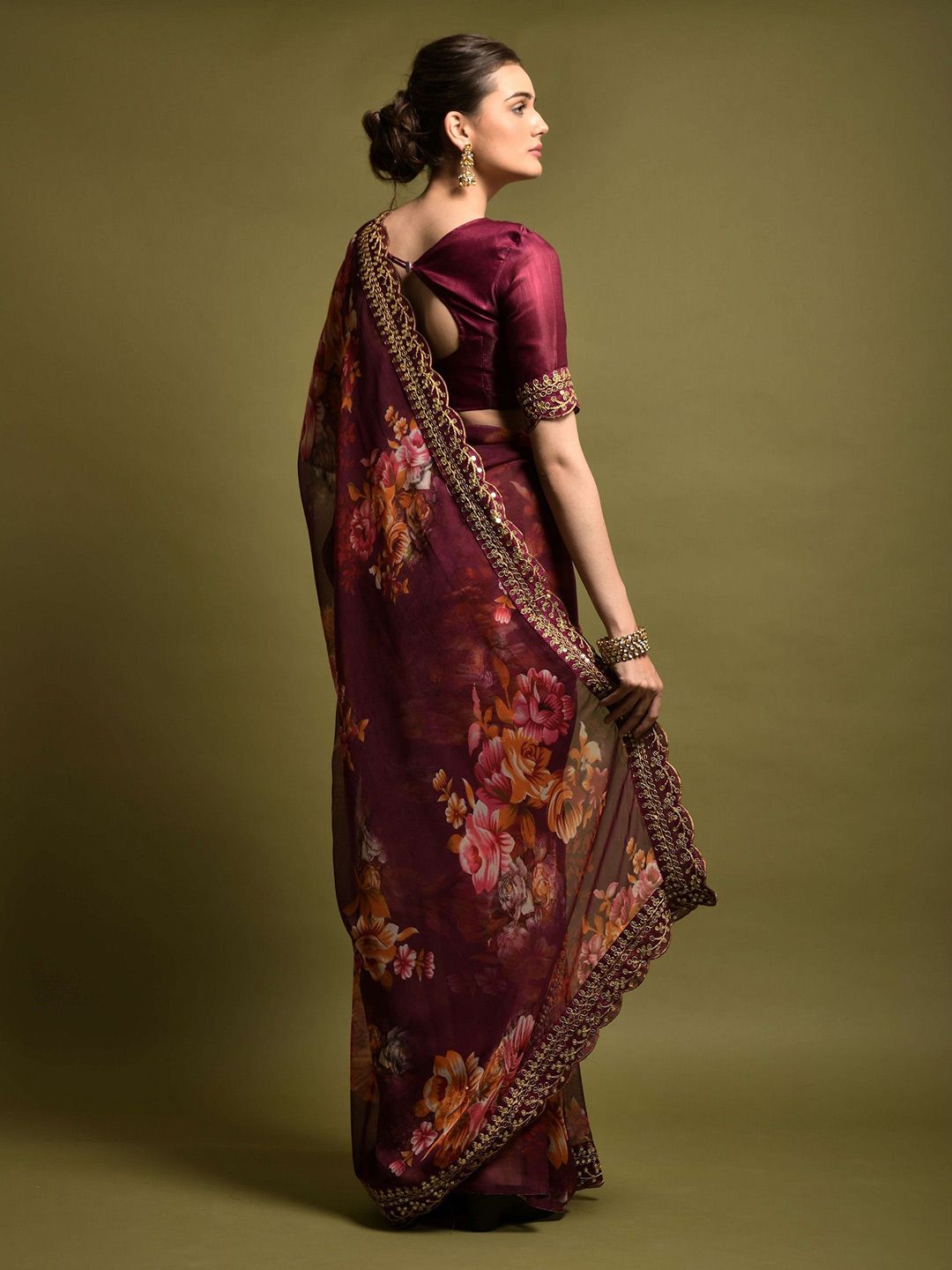 Maroon Floral Printed Saree with Embroidered Border